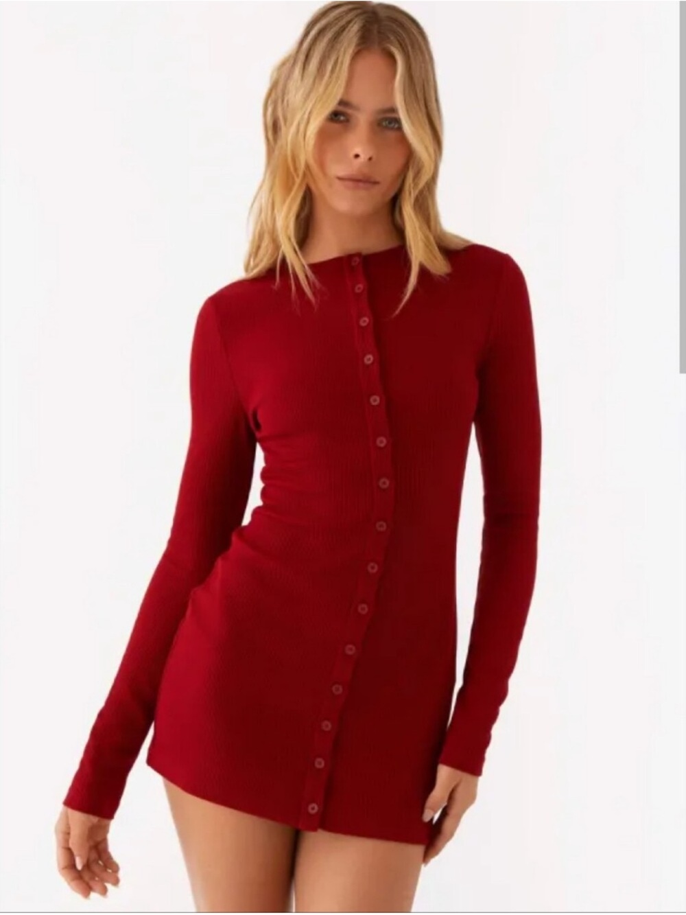 Peppermayo Ribbed Long-Sleeve Button-Front Red Mini Dress